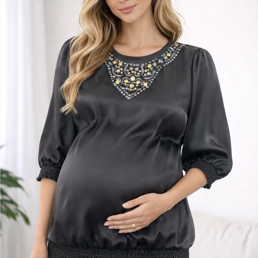 Motherhood Black Satin Maternity Blouse with Embellishments